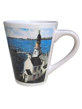 Maine Coastal Lighthouse Ocean Scene Handled Coffee Cup 16 oz White Ceramic